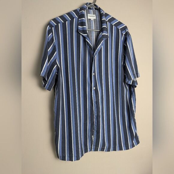 Frank And Oak Tencel Shirt men’s Blue Stripe Button Down Summer Sz L - Picture 3 of 9